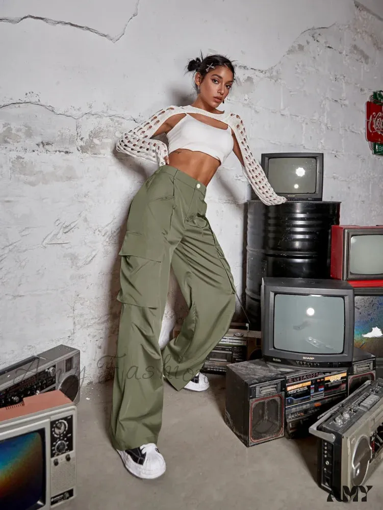 Amy Fashion - Street Flap Pocket  Wide Leg Cargo Pants