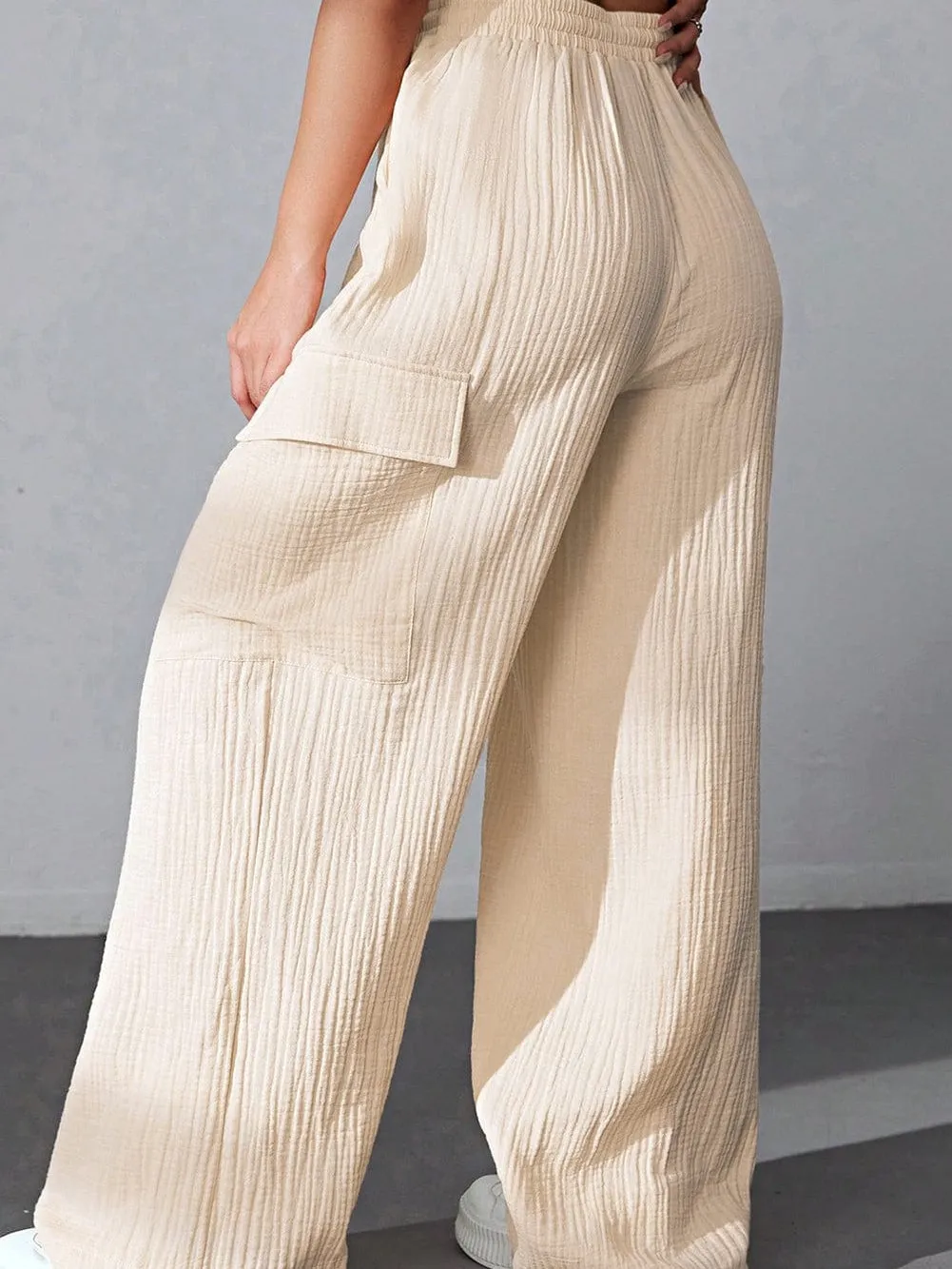 Apricot Crinkled Cargo Pants with High Waist Drawstring