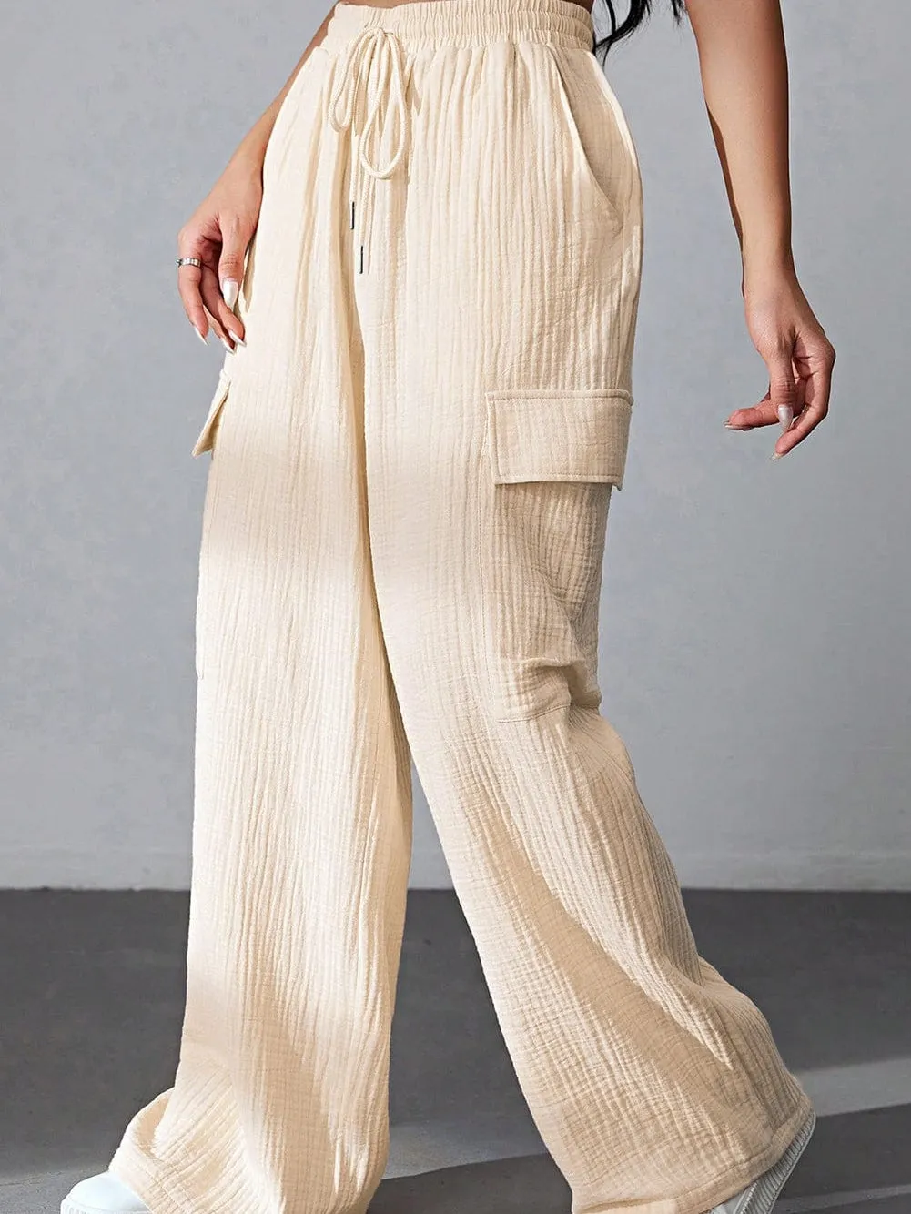 Apricot Crinkled Cargo Pants with High Waist Drawstring