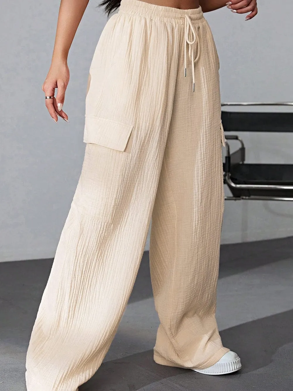 Apricot Crinkled Cargo Pants with High Waist Drawstring