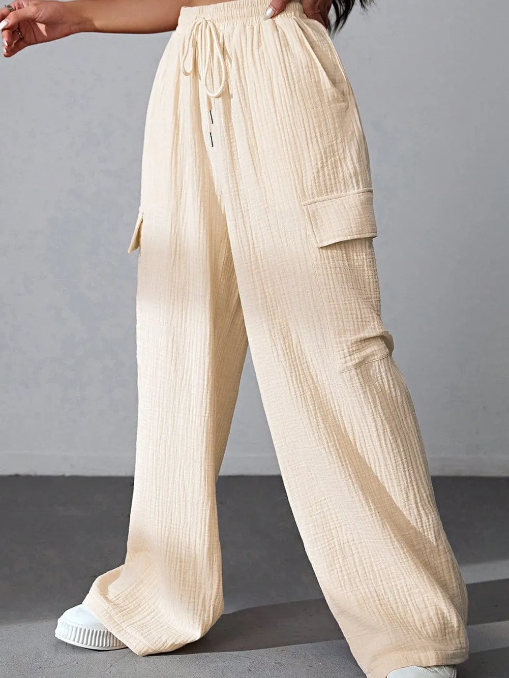 Apricot Crinkled Cargo Pants with High Waist Drawstring