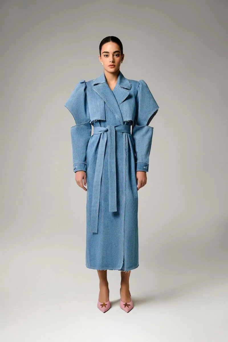 AQUA DENIM CUT-OUT TRENCH COAT