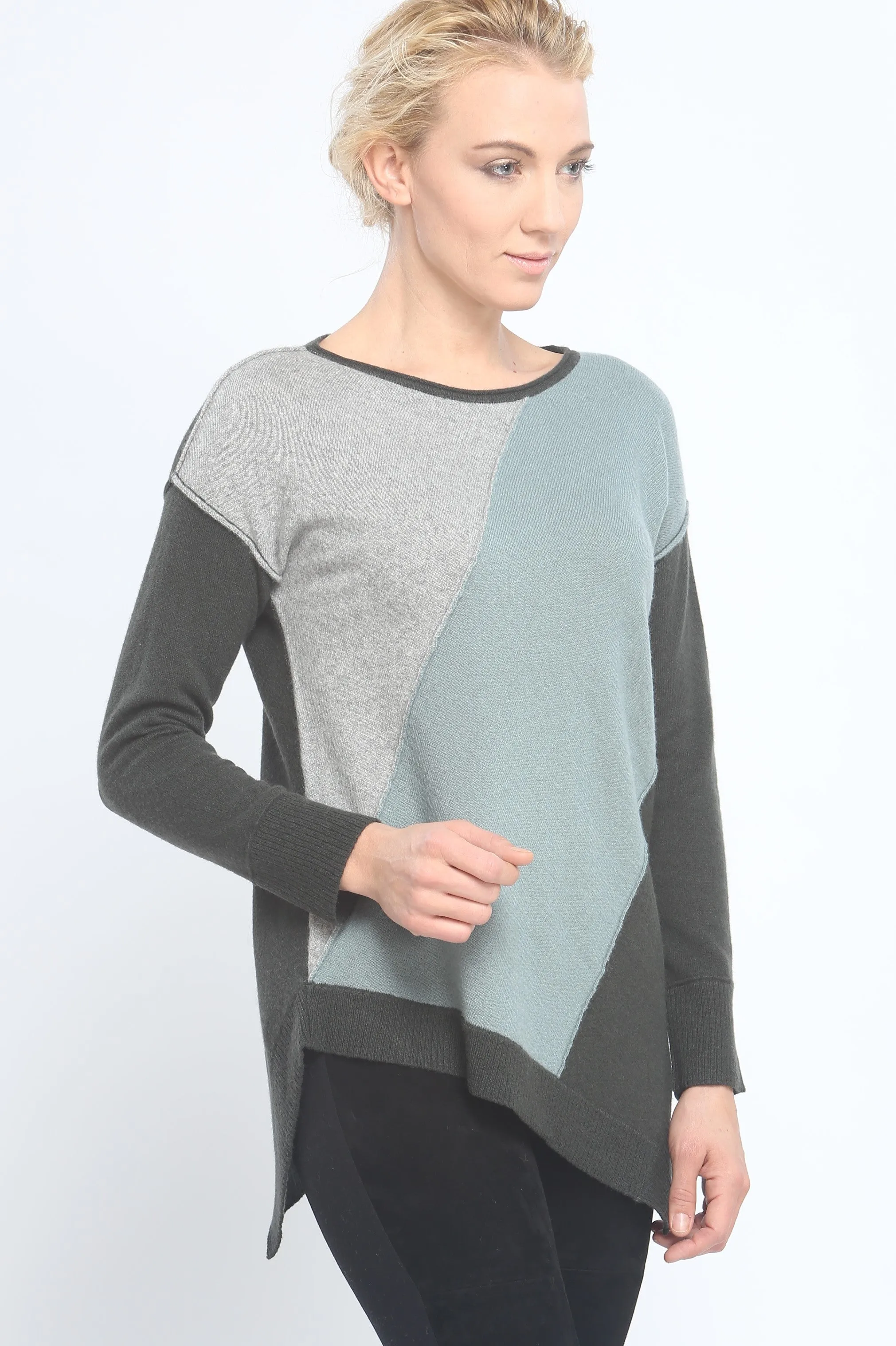 Asymmetrical Color Block Crewneck Sweater in Mongolia Cashmere