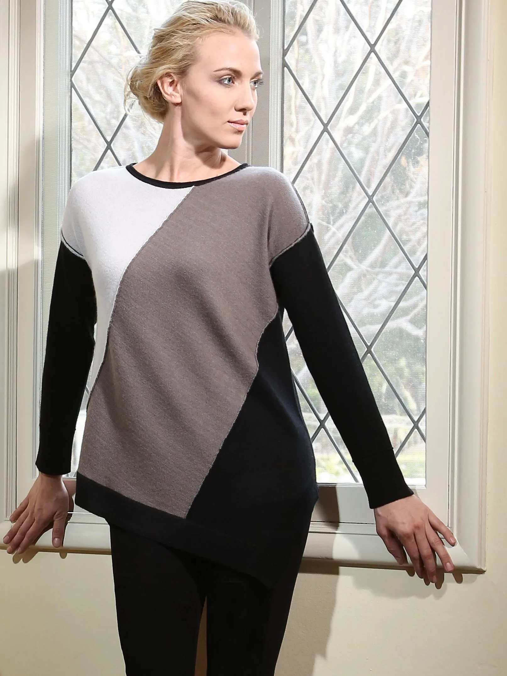 Asymmetrical Color Block Crewneck Sweater in Mongolia Cashmere