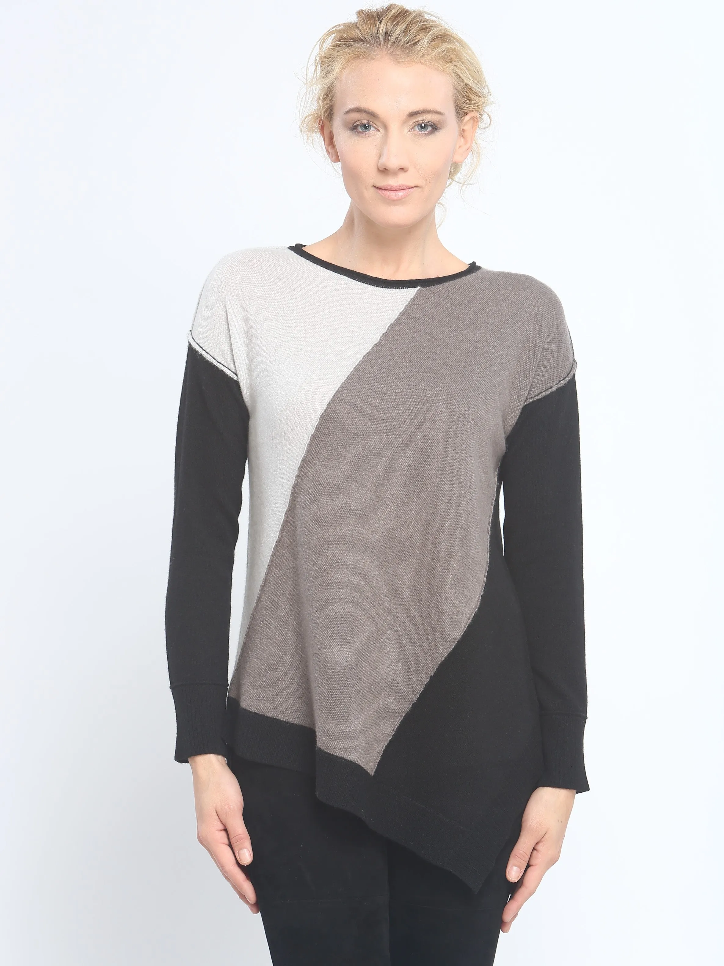 Asymmetrical Color Block Crewneck Sweater in Mongolia Cashmere