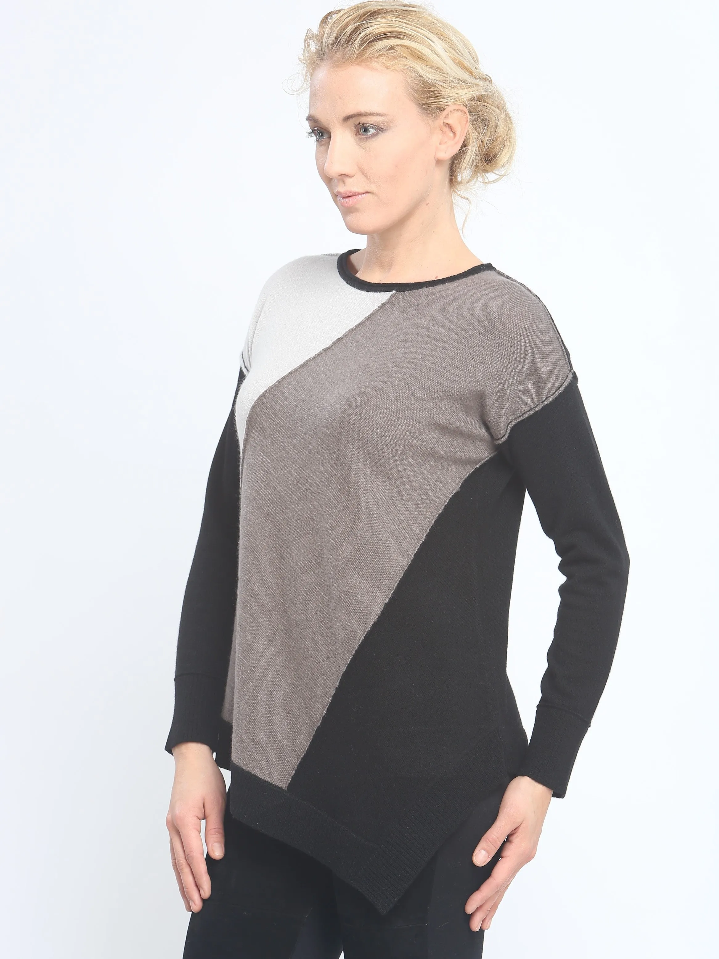 Asymmetrical Color Block Crewneck Sweater in Mongolia Cashmere