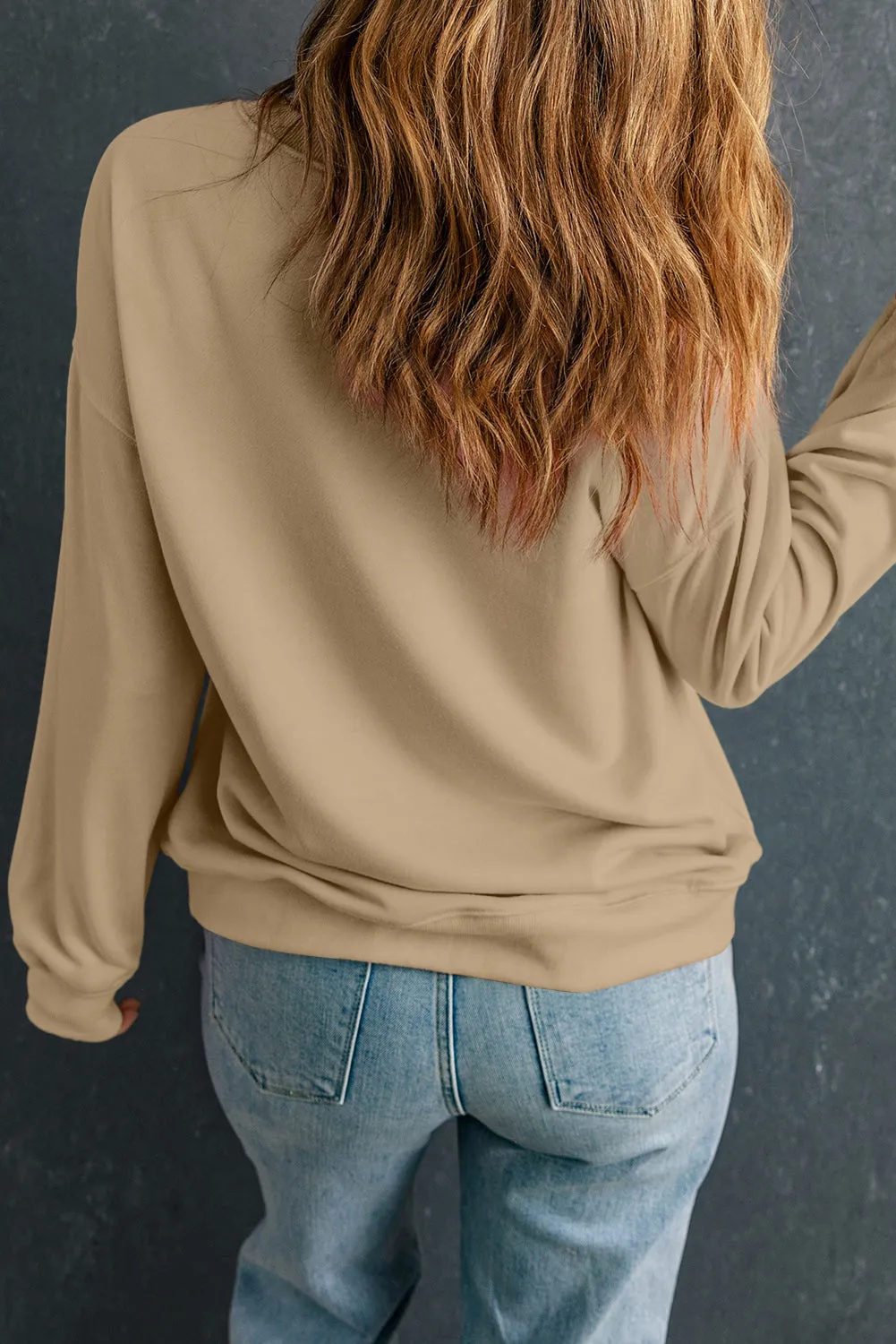 Beige Solid Classic Crewneck Pullover Sweatshirt