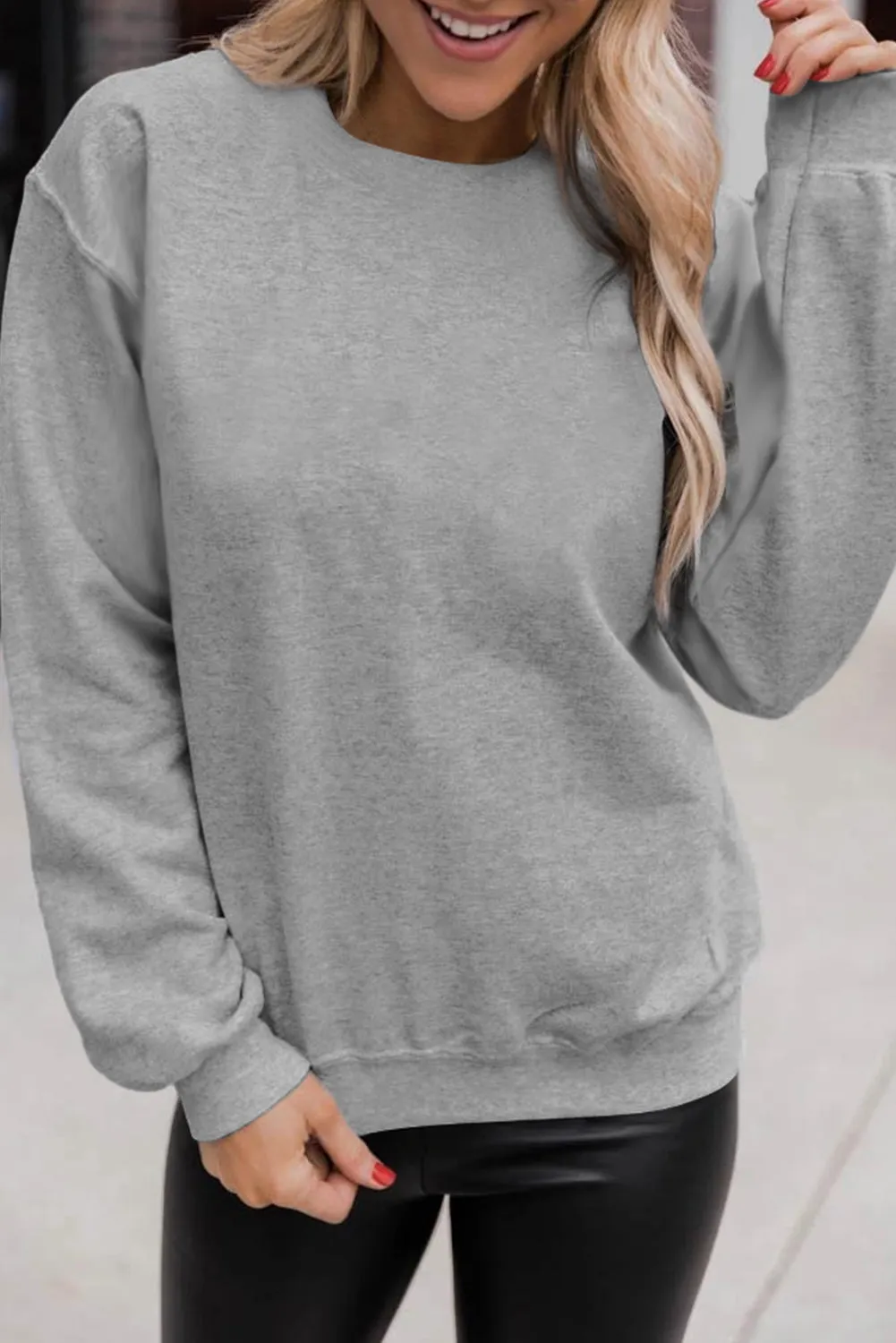 Beige Solid Classic Crewneck Pullover Sweatshirt