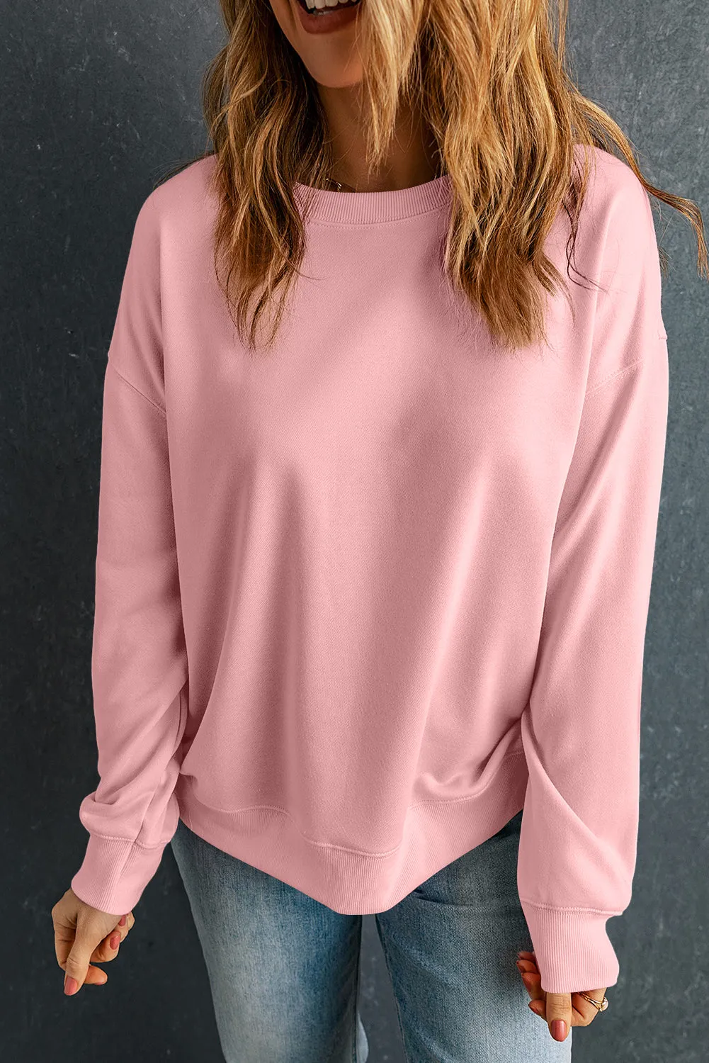 Beige Solid Classic Crewneck Pullover Sweatshirt