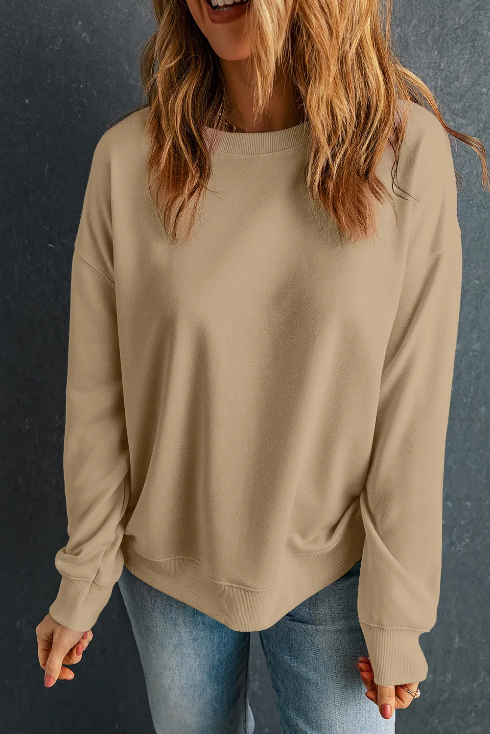 Beige Solid Classic Crewneck Pullover Sweatshirt