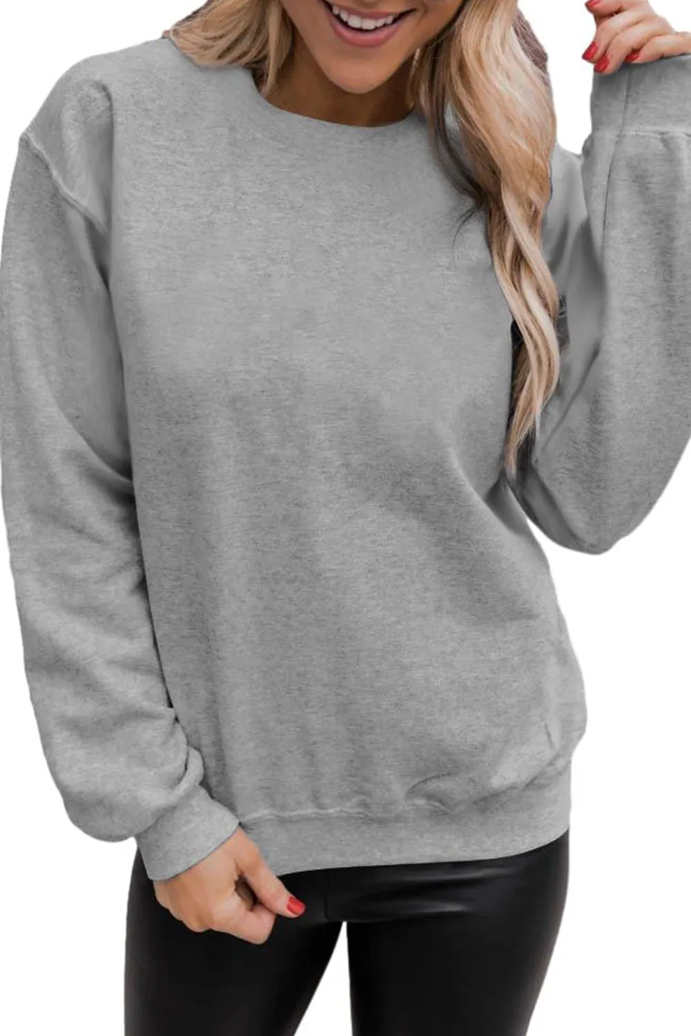 Beige Solid Classic Crewneck Pullover Sweatshirt