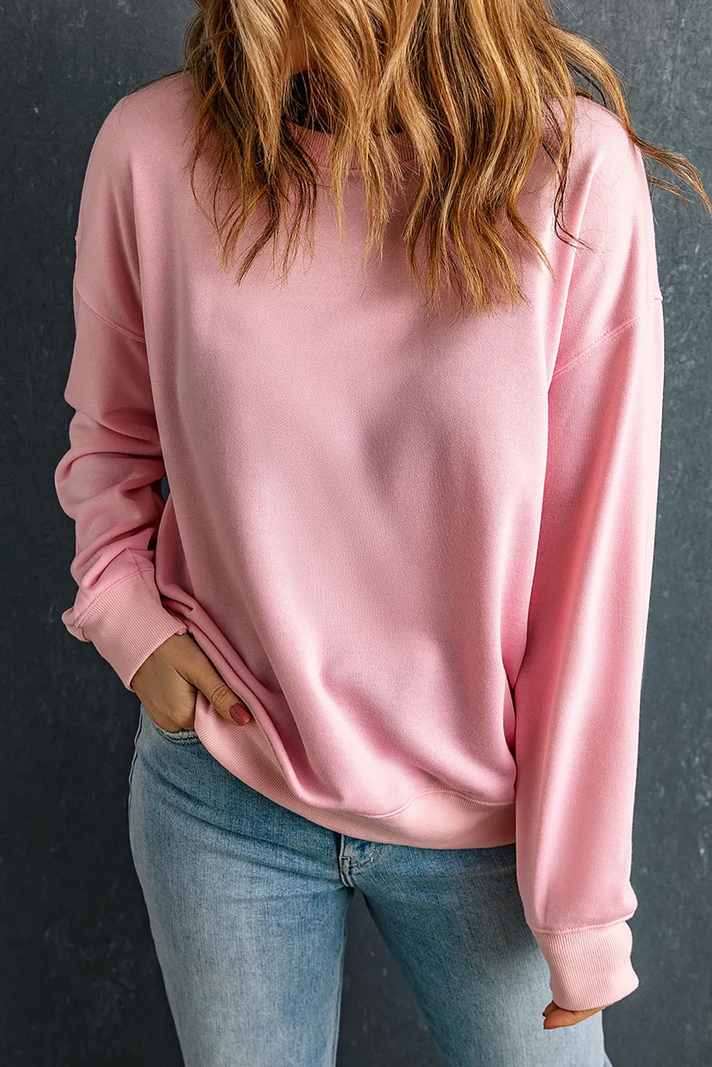 Beige Solid Classic Crewneck Pullover Sweatshirt