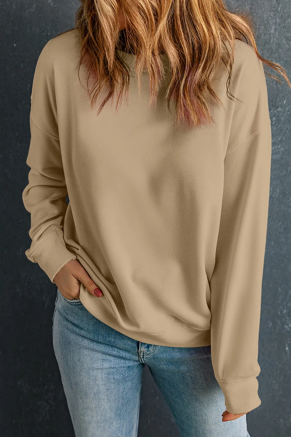 Beige Solid Classic Crewneck Pullover Sweatshirt