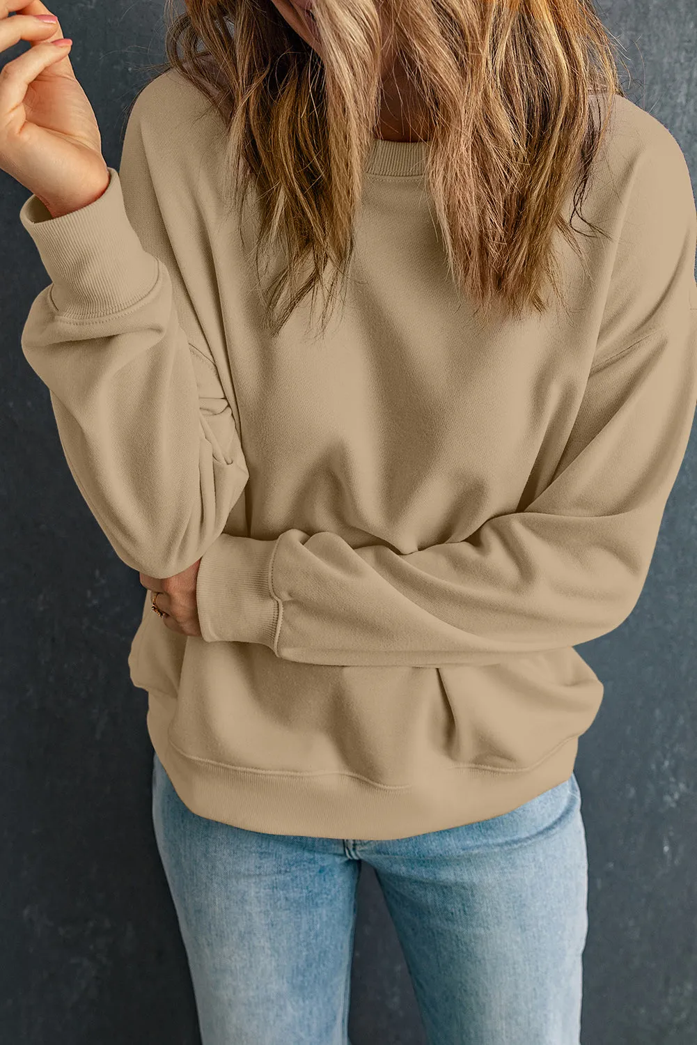 Beige Solid Classic Crewneck Pullover Sweatshirt