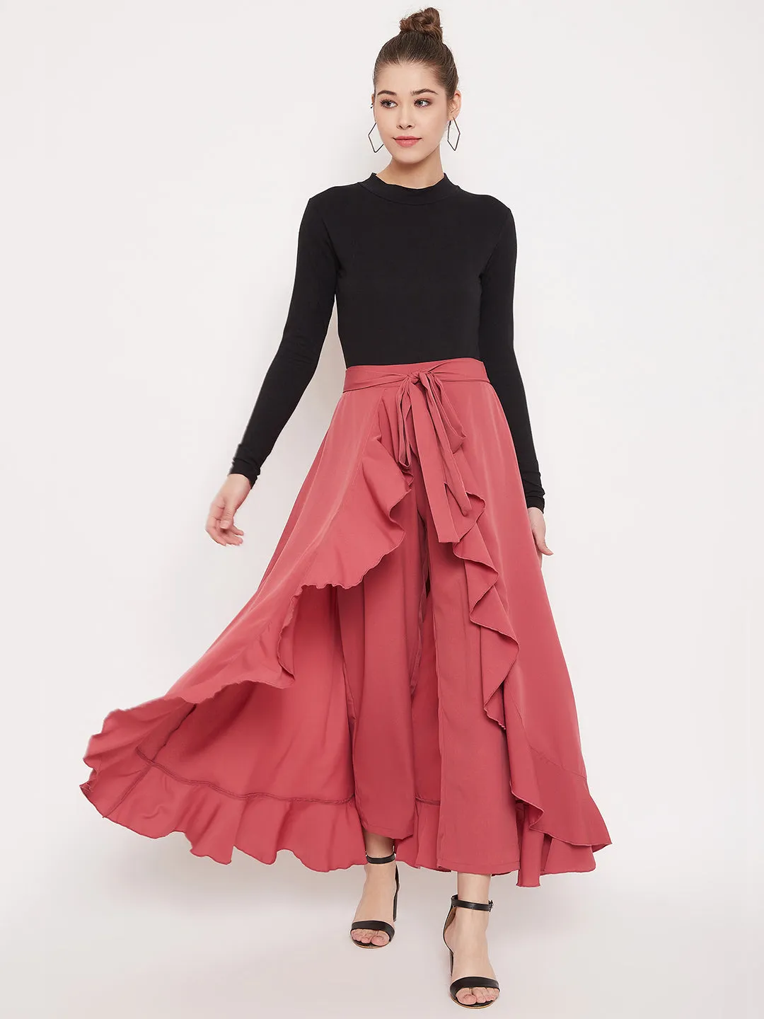 Berrylush Women Solid Pink Waist Tie-Up Ruffled Maxi Skirt With Attached Trousers