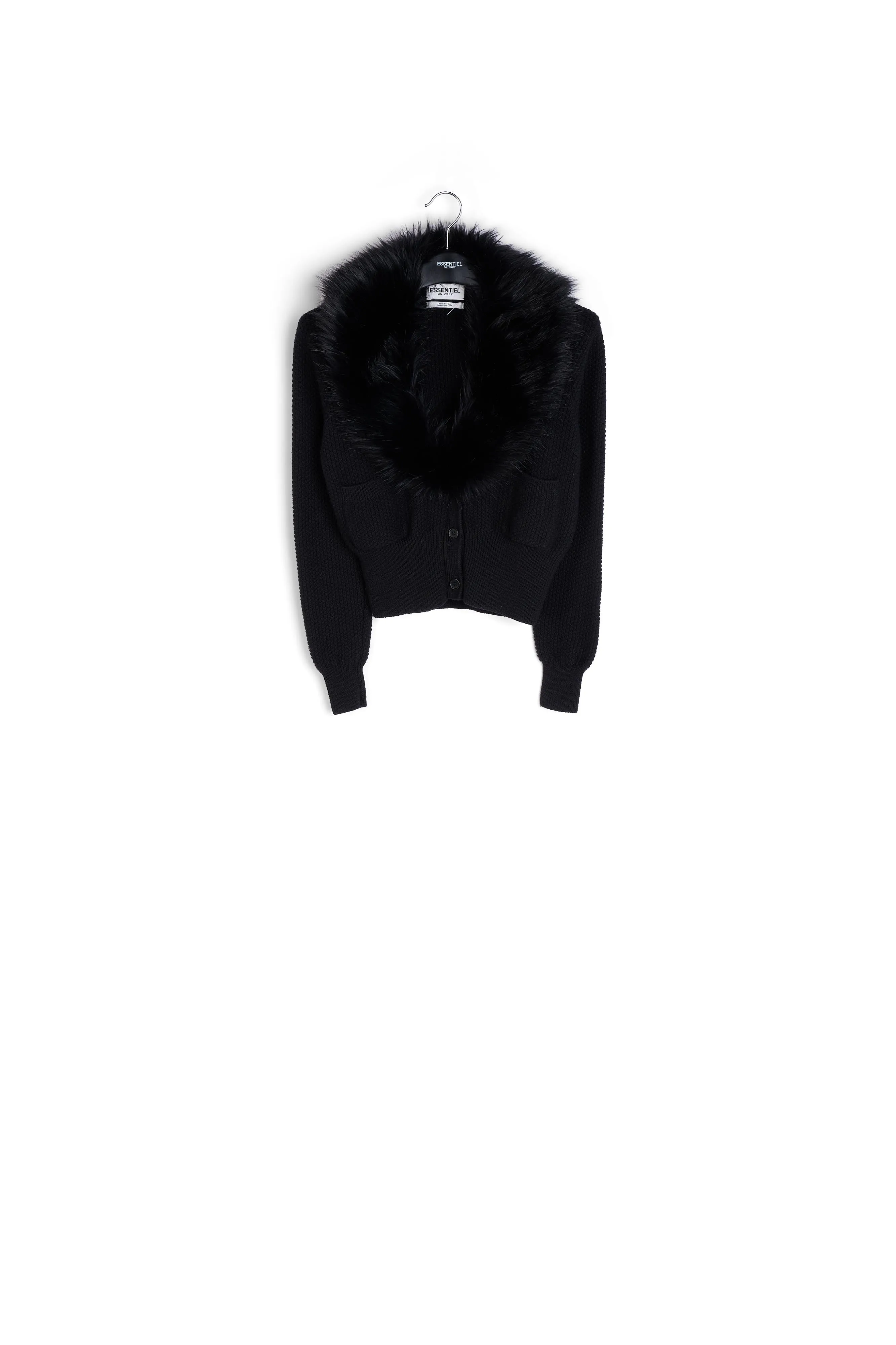 Black wool cardigan with faux fur collar