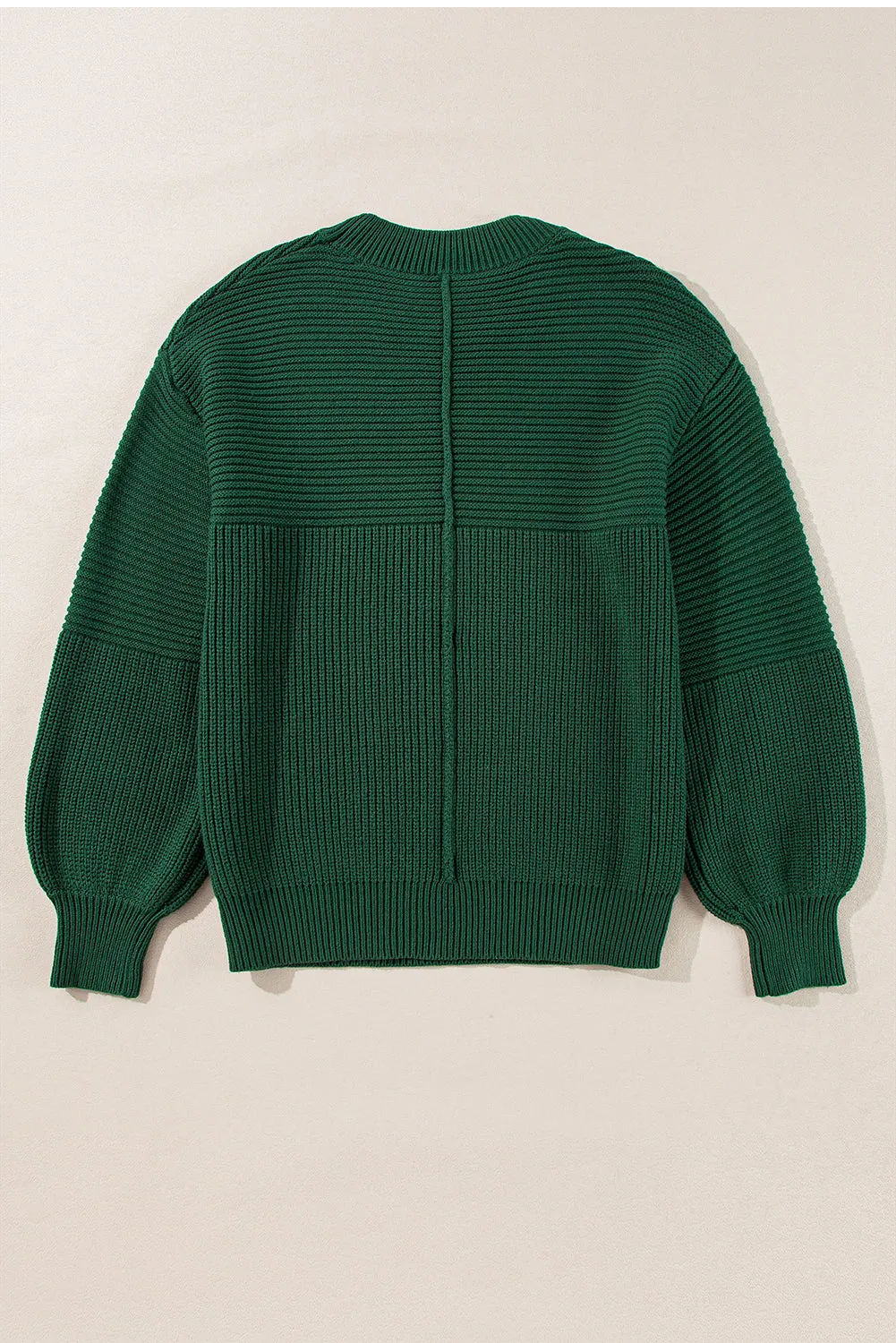 Blackish Green Textured Knit Crewneck Lantern Sleeve Sweater