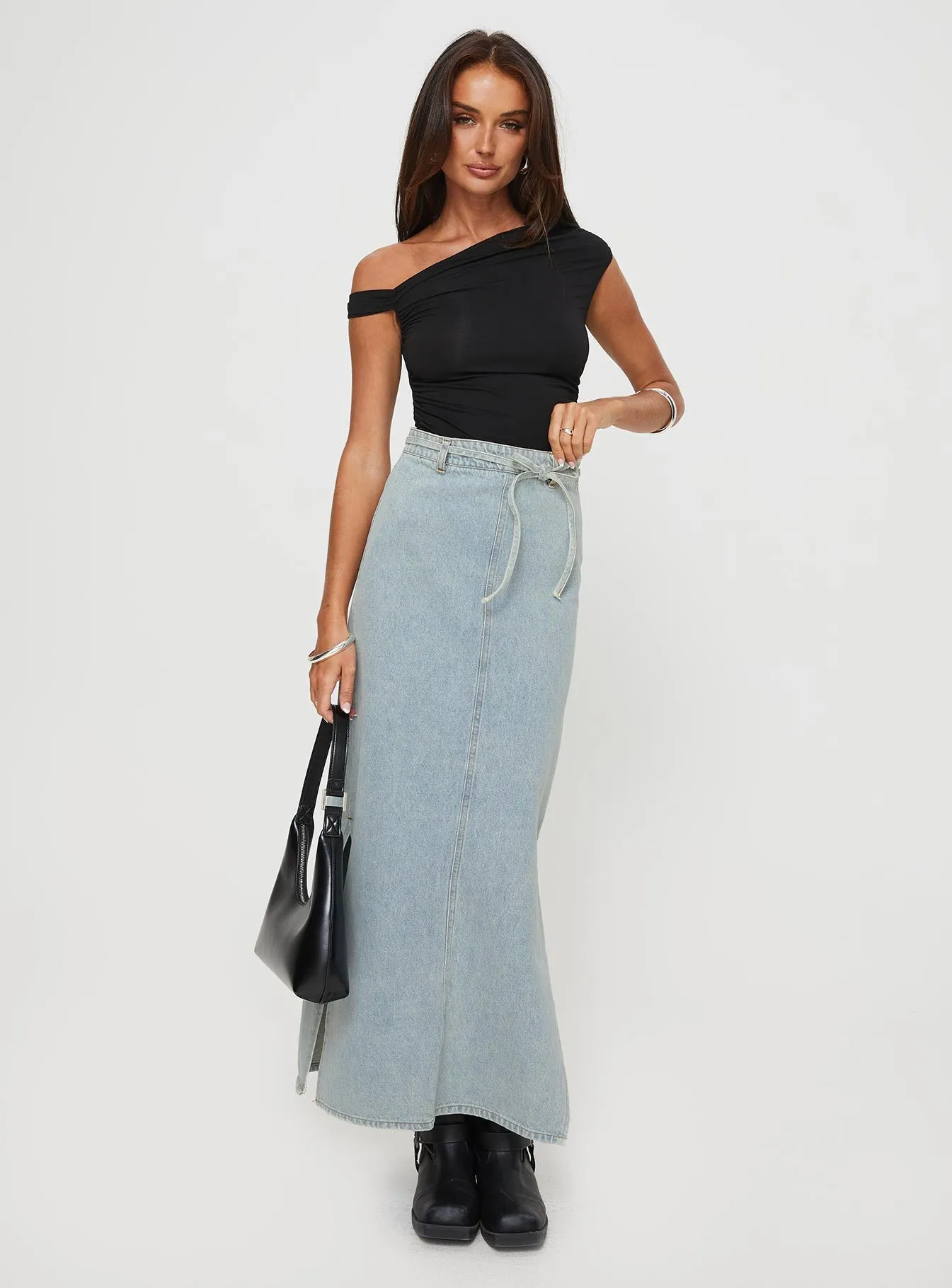 Brandee Tie Front Denim Maxi Skirt Light Wash