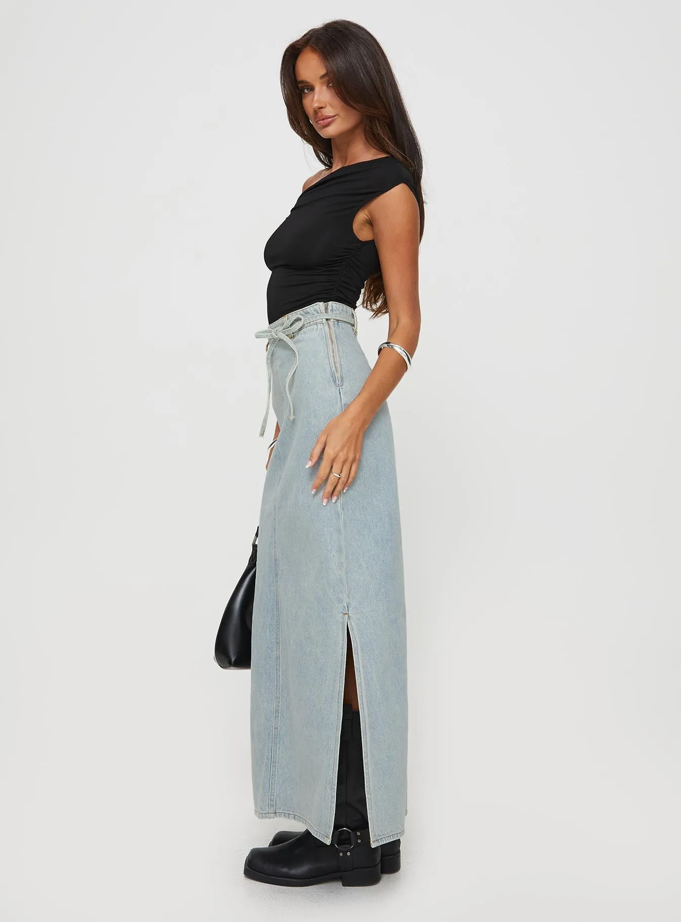 Brandee Tie Front Denim Maxi Skirt Light Wash