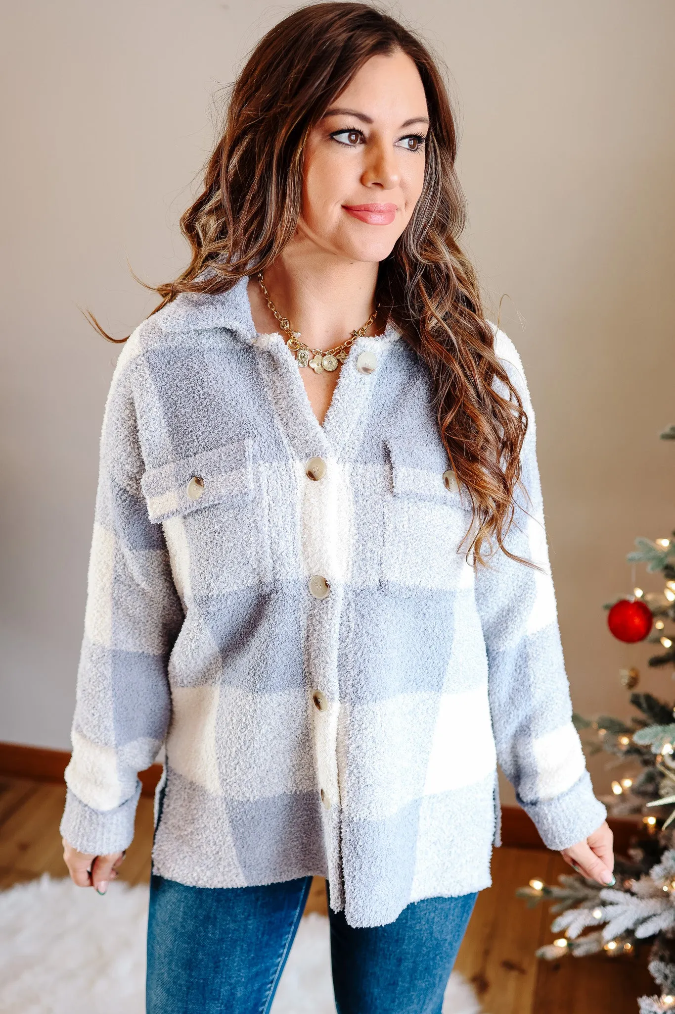 Camilla Cozy Checkered Shacket - Dusty Blue