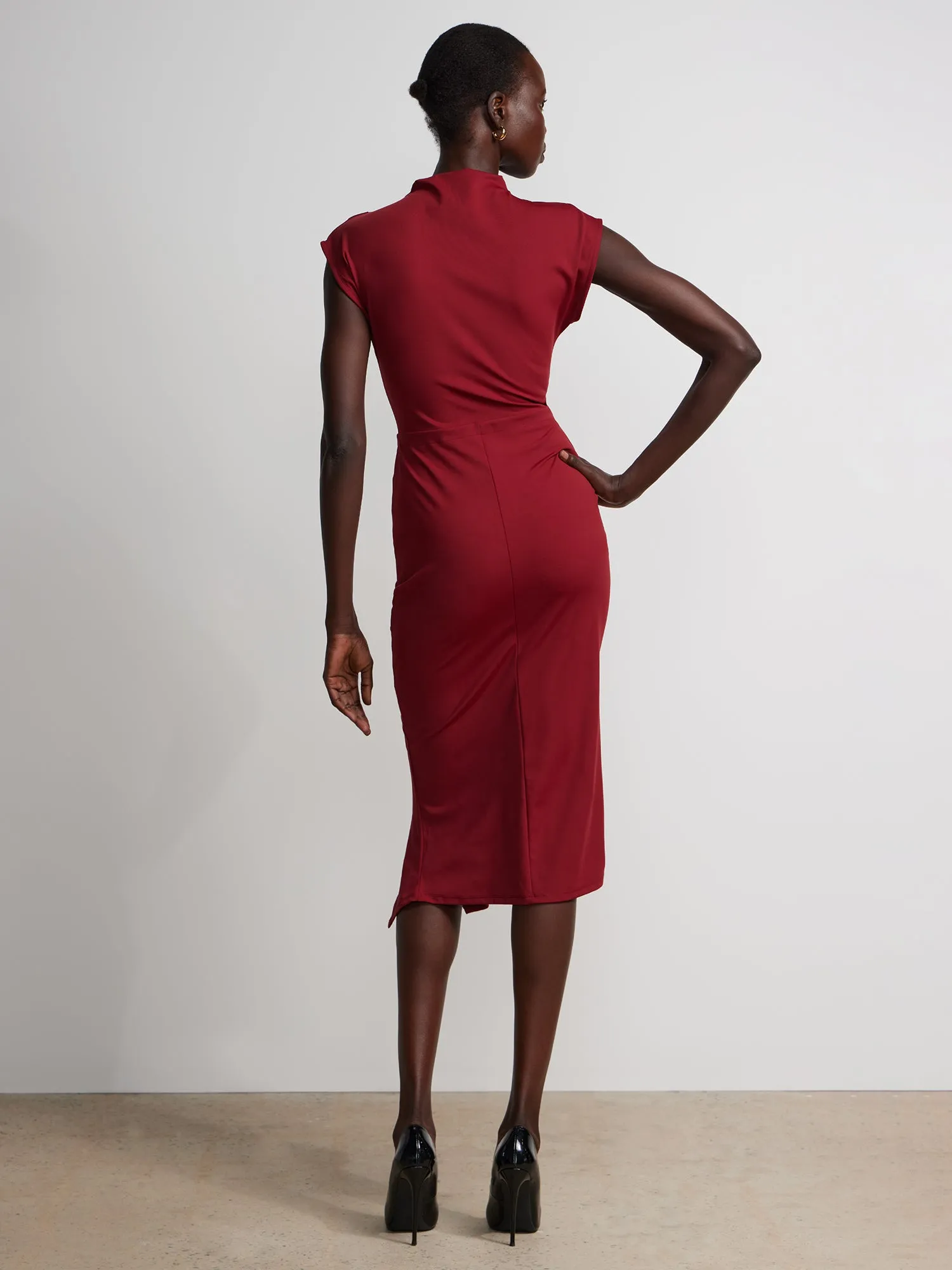 Cap Sleeve Mock Neck Ruched Dress