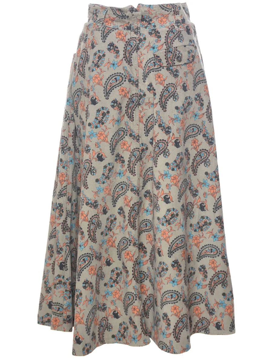 Corduroy Paisley And Floral Print Maxi Skirt - M