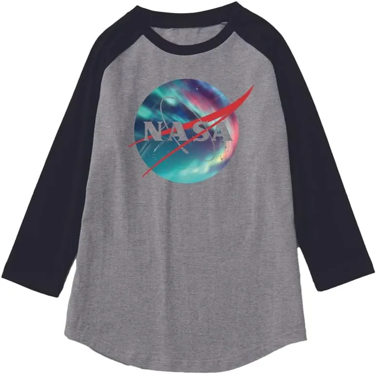 CORIRESHA Unisex NASA Logo Print Color Block 3/4 Raglan Sleeves Crew Neck Cozy Cotton T-Shirt