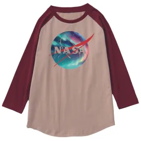 CORIRESHA Unisex NASA Logo Print Color Block 3/4 Raglan Sleeves Crew Neck Cozy Cotton T-Shirt