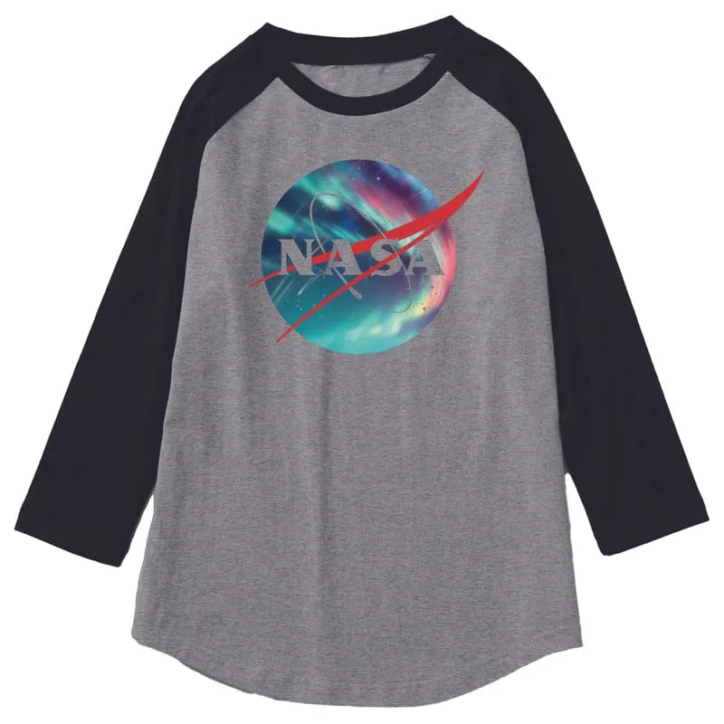 CORIRESHA Unisex NASA Logo Print Color Block 3/4 Raglan Sleeves Crew Neck Cozy Cotton T-Shirt