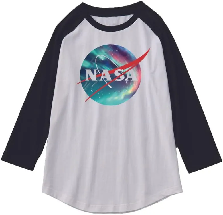 CORIRESHA Unisex NASA Logo Print Color Block 3/4 Raglan Sleeves Crew Neck Cozy Cotton T-Shirt