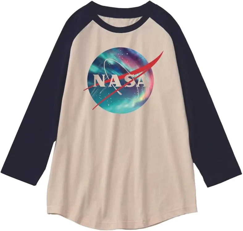 CORIRESHA Unisex NASA Logo Print Color Block 3/4 Raglan Sleeves Crew Neck Cozy Cotton T-Shirt