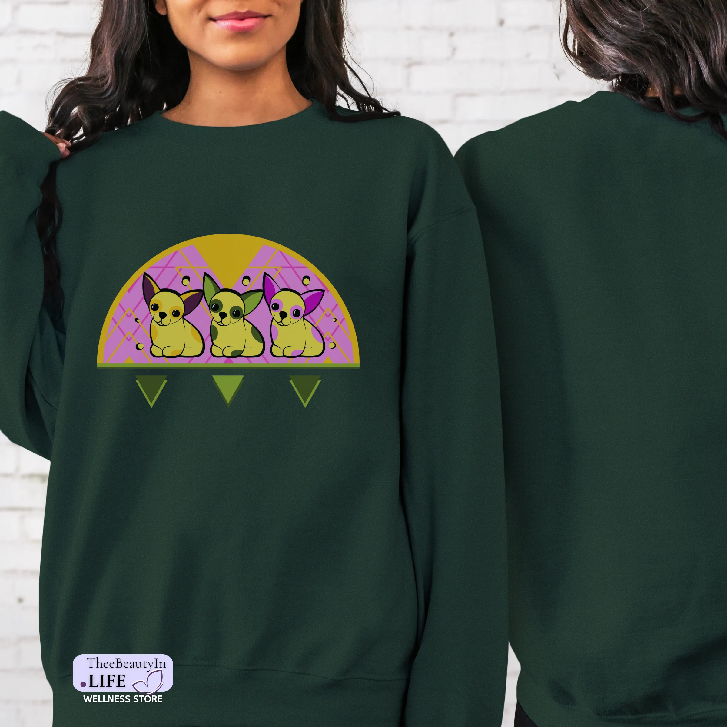 Crewneck Sweatshirt - Chihuahua Lemonade | Chihuahua Mom Shirt with Geometric Pattern | Pink and Yellow Long Sleeved Sweatshirt | Gift for Small Dog Owners