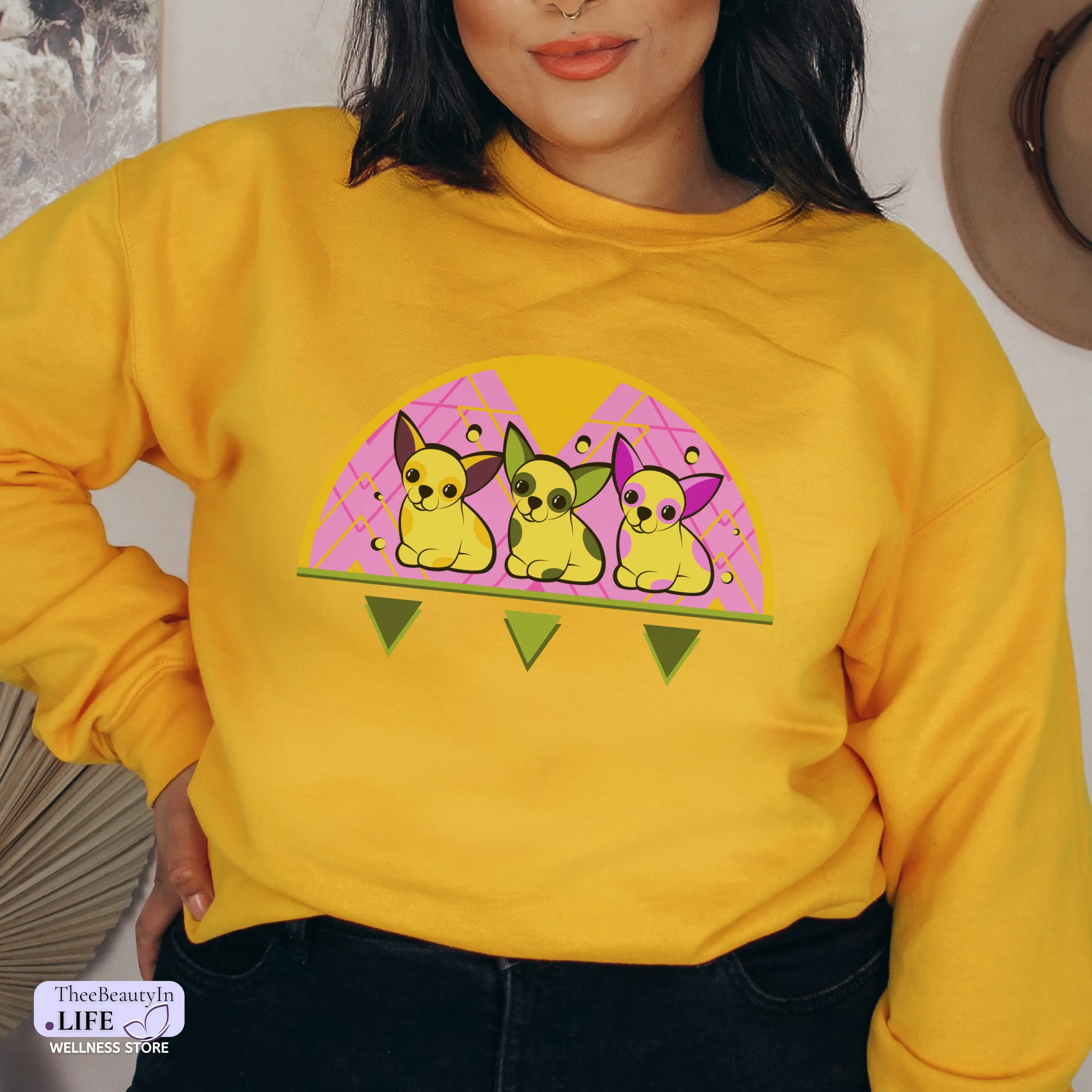 Crewneck Sweatshirt - Chihuahua Lemonade | Chihuahua Mom Shirt with Geometric Pattern | Pink and Yellow Long Sleeved Sweatshirt | Gift for Small Dog Owners