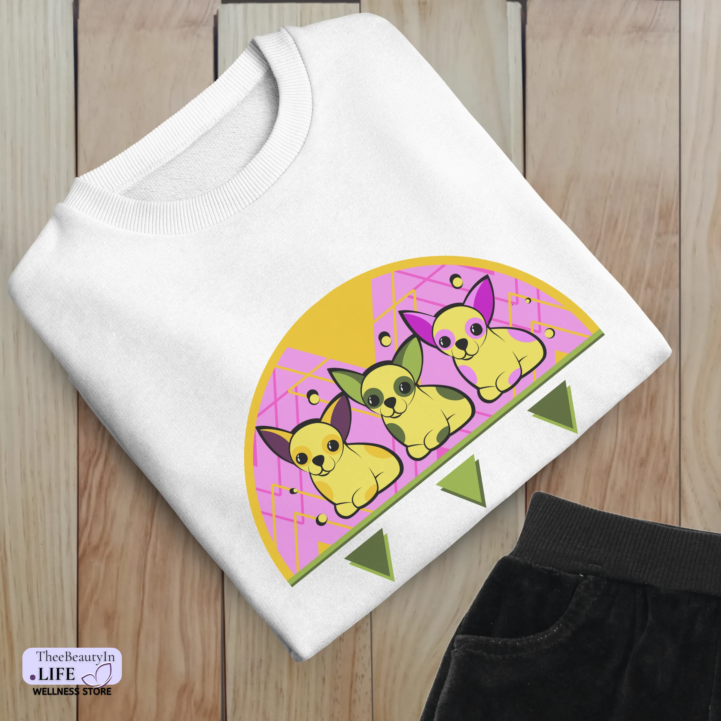 Crewneck Sweatshirt - Chihuahua Lemonade | Chihuahua Mom Shirt with Geometric Pattern | Pink and Yellow Long Sleeved Sweatshirt | Gift for Small Dog Owners