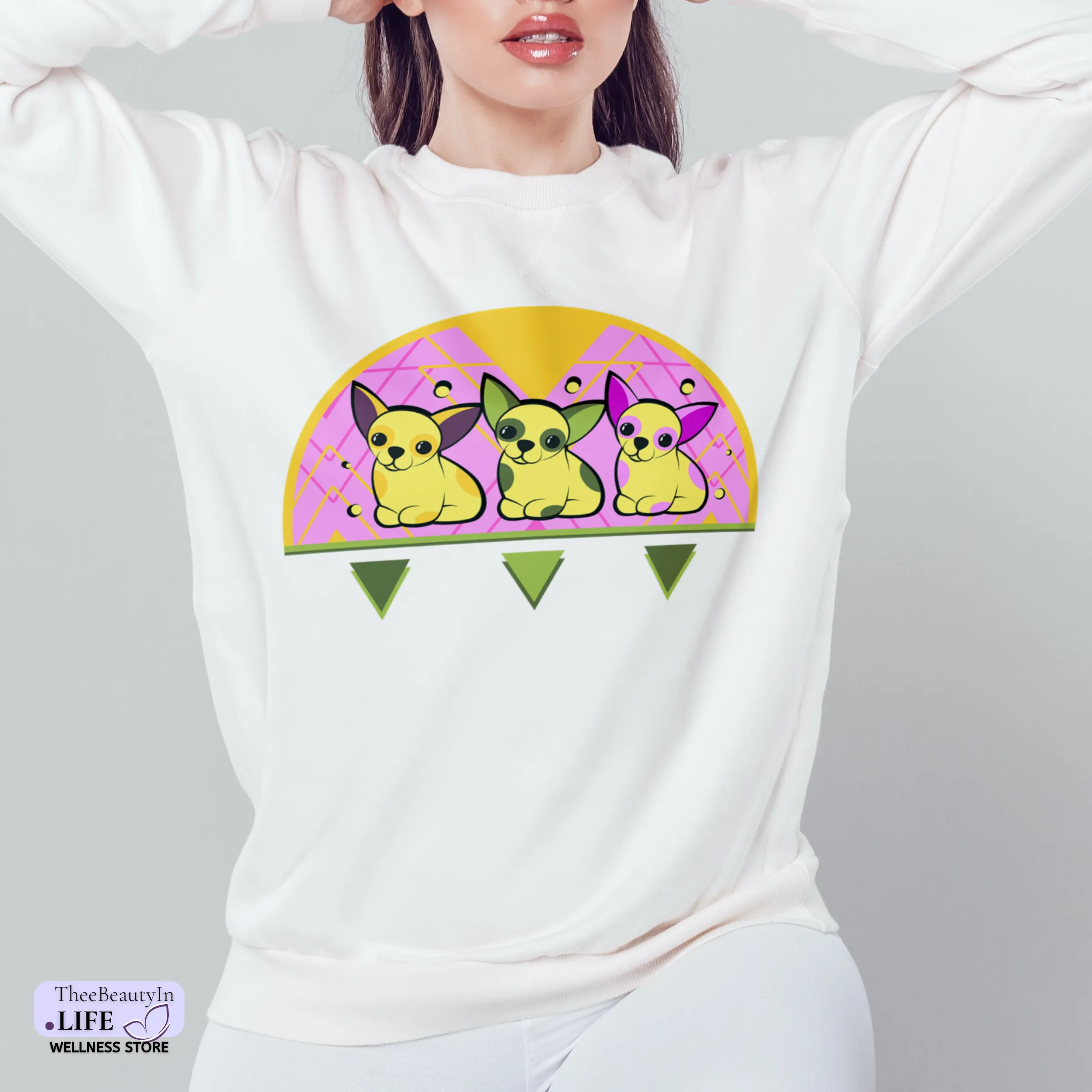 Crewneck Sweatshirt - Chihuahua Lemonade | Chihuahua Mom Shirt with Geometric Pattern | Pink and Yellow Long Sleeved Sweatshirt | Gift for Small Dog Owners