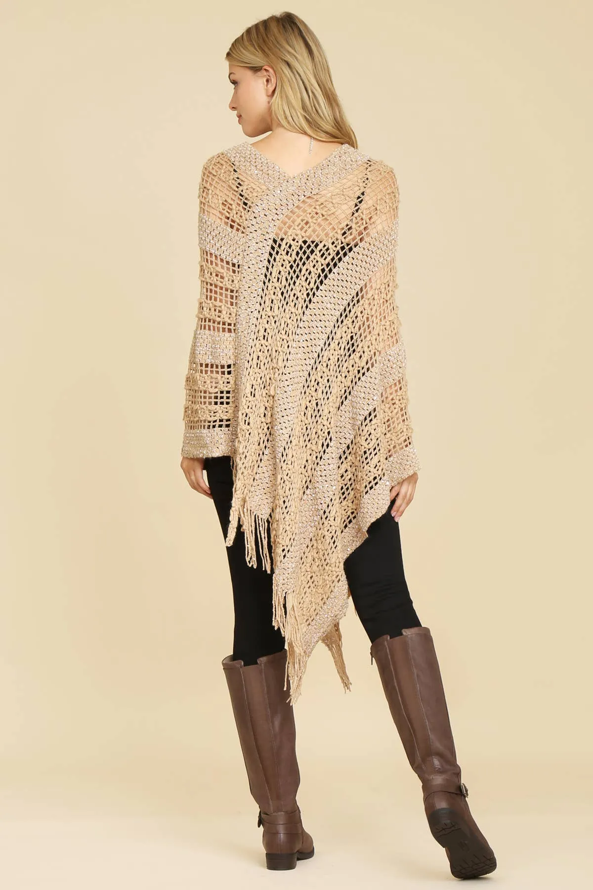 Crochet Native Pattern Sparkle Poncho-Asst Colors