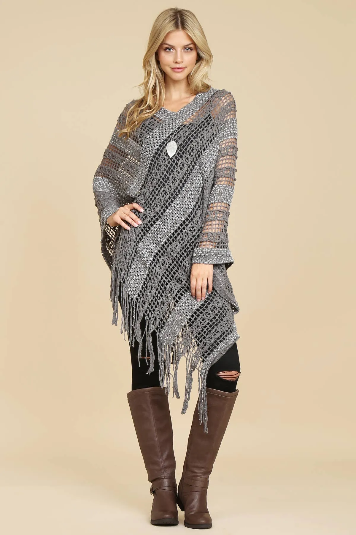 Crochet Native Pattern Sparkle Poncho-Asst Colors