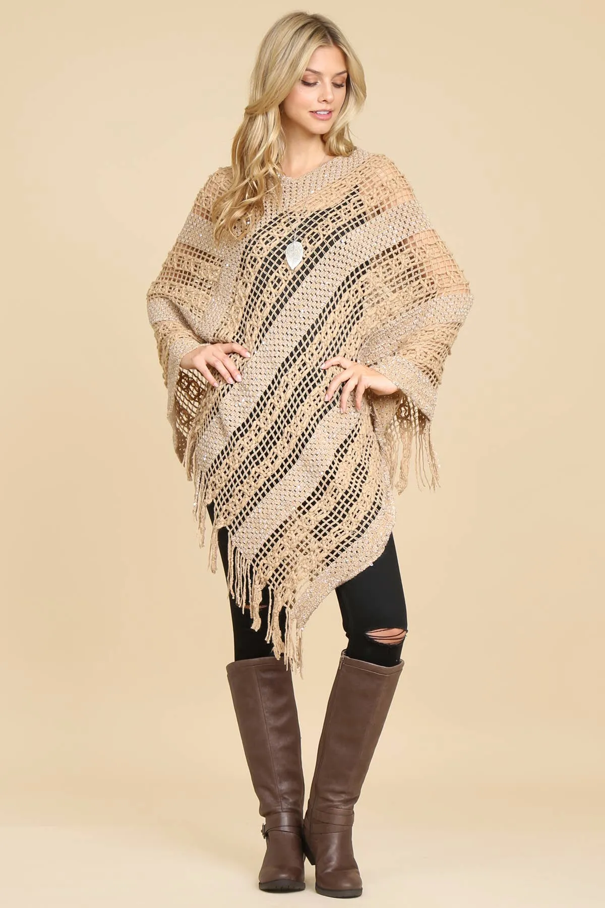 Crochet Native Pattern Sparkle Poncho-Asst Colors