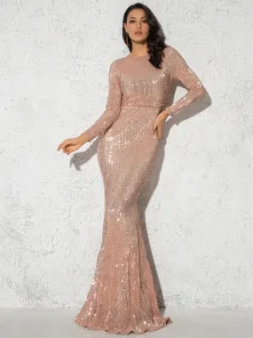 Elegant Long Sleeve Sequin Maxi Floor Length Stretchy Bodycon Shimmer Dress