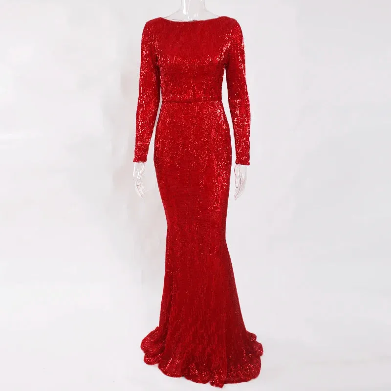 Elegant Long Sleeve Sequin Maxi Floor Length Stretchy Bodycon Shimmer Dress