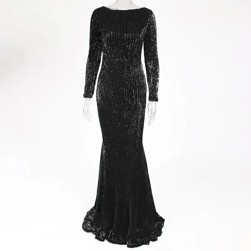 Elegant Long Sleeve Sequin Maxi Floor Length Stretchy Bodycon Shimmer Dress