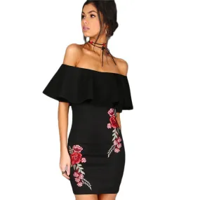 Embroidered Rose Ruffle Sexy Off Shoulder Dress