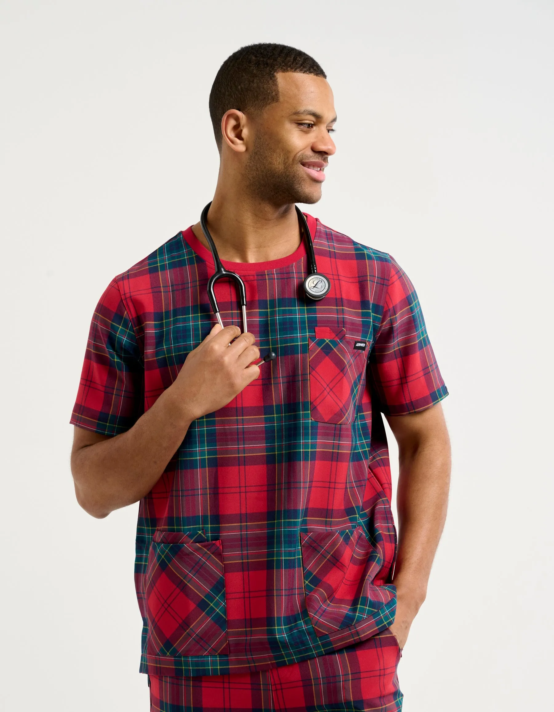 Essential Crewneck Scrub Top - Christmas Red Tartan