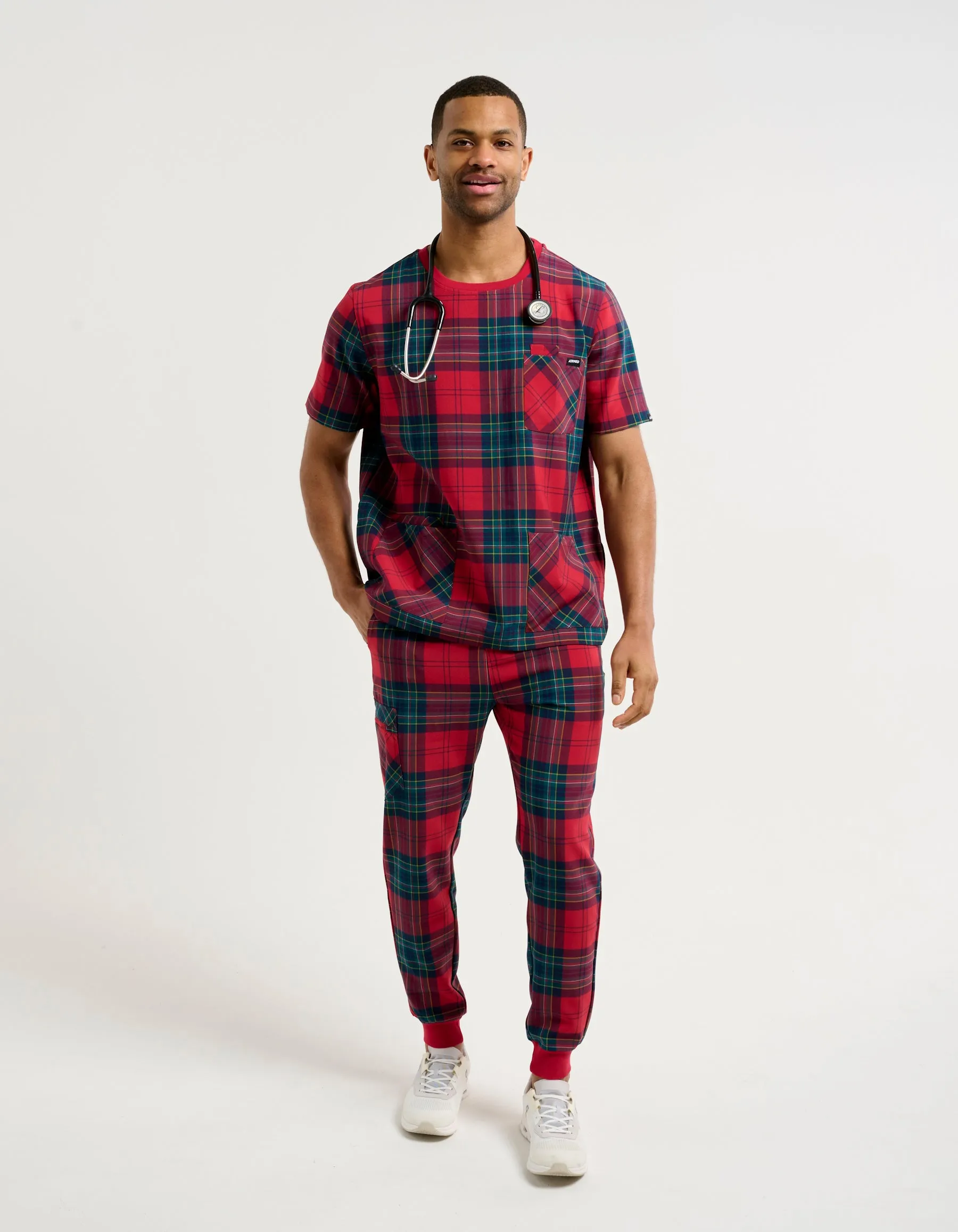 Essential Crewneck Scrub Top - Christmas Red Tartan