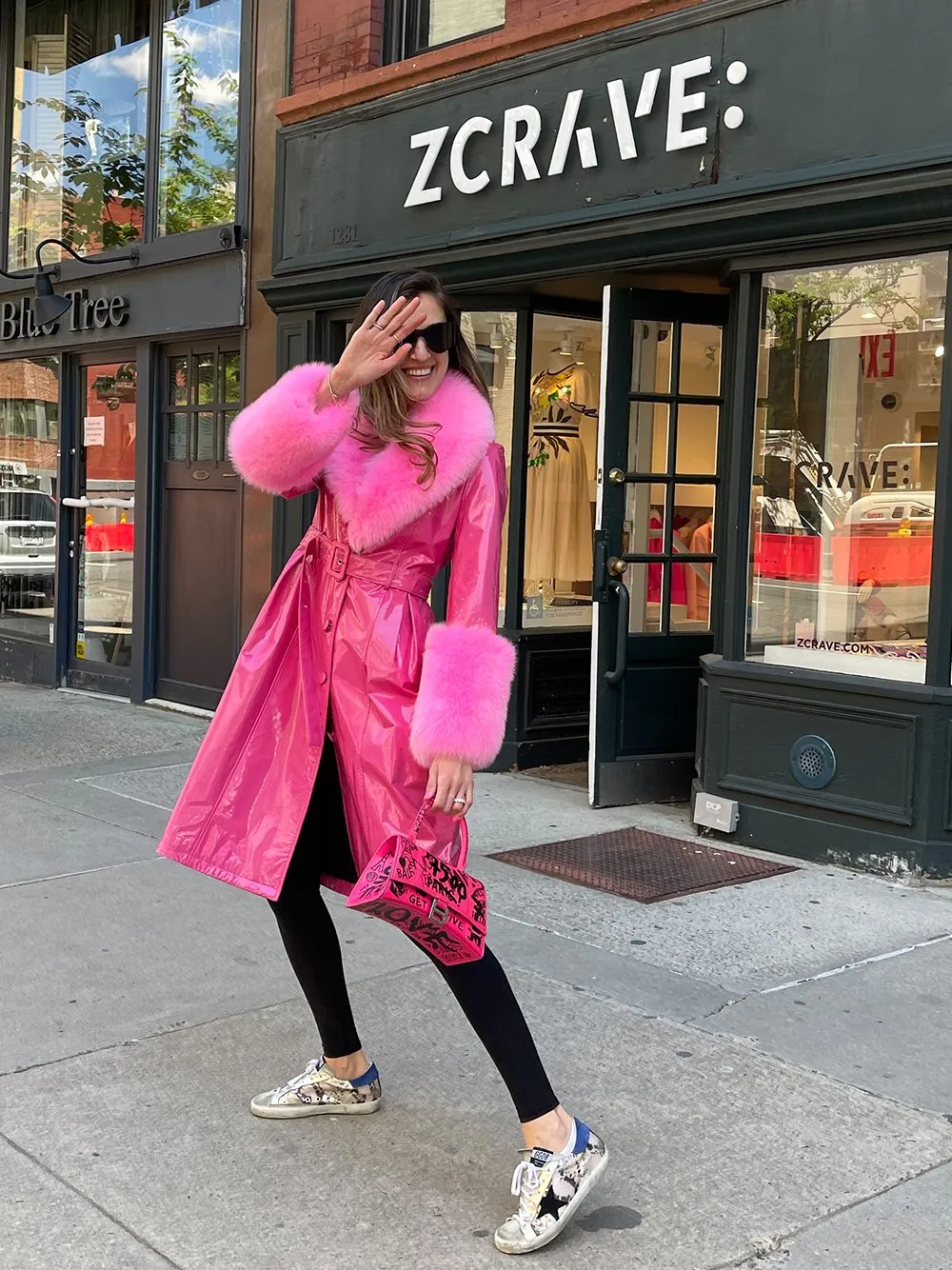 Faux Fur Patent Leather Coat in Fuchsia