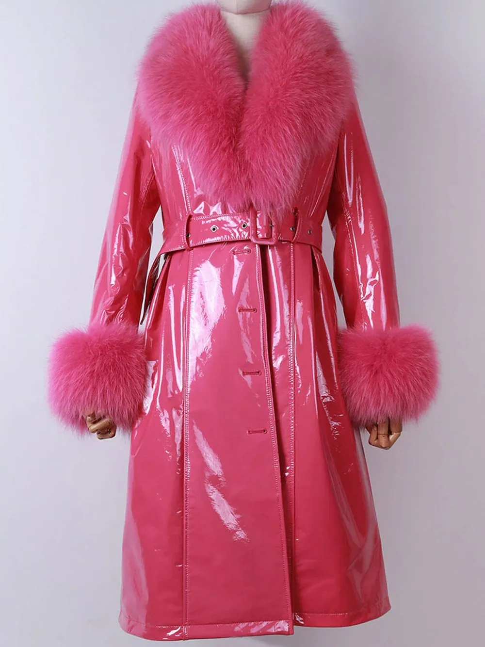 Faux Fur Patent Leather Coat in Fuchsia