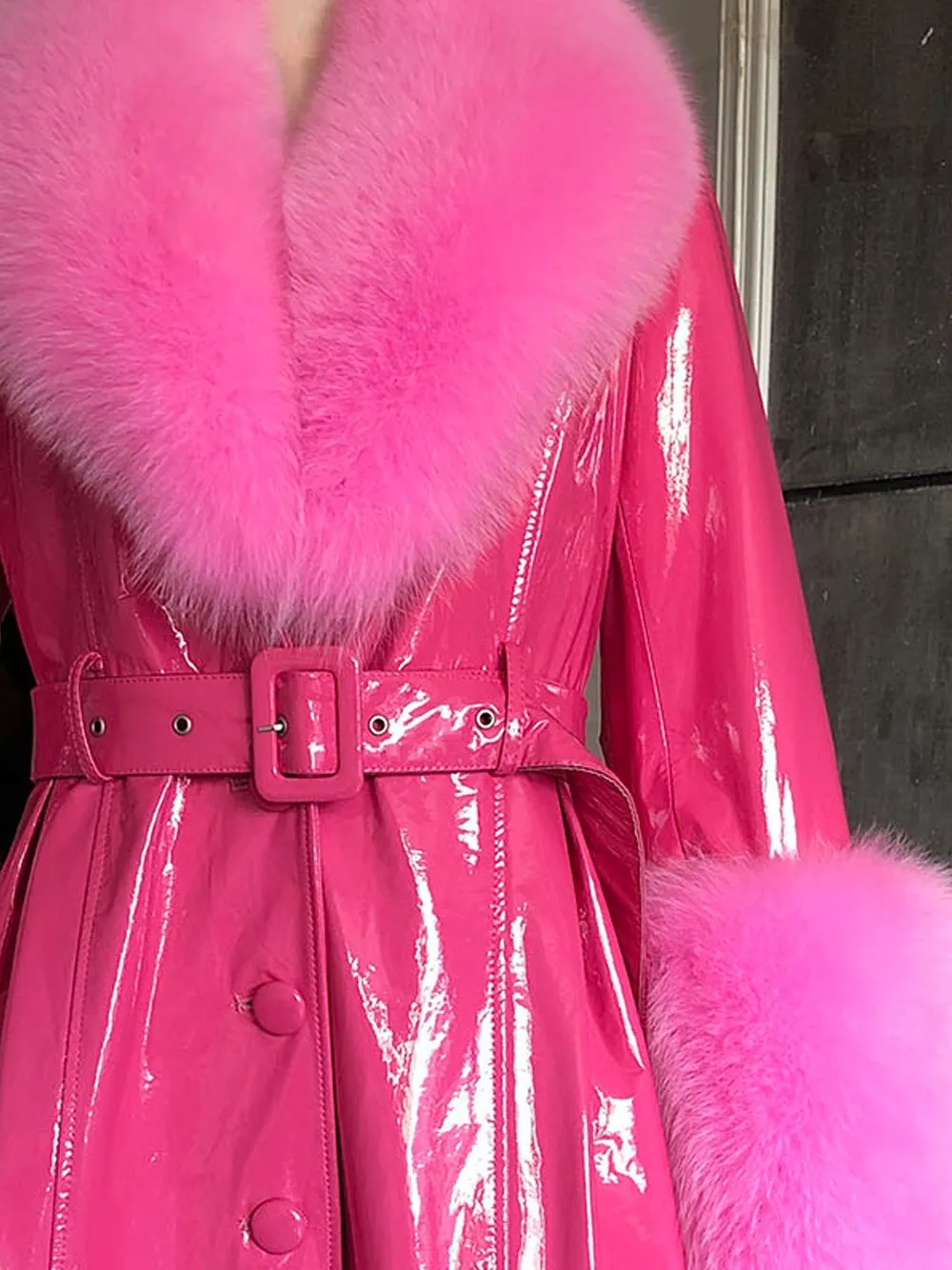 Faux Fur Patent Leather Coat in Fuchsia