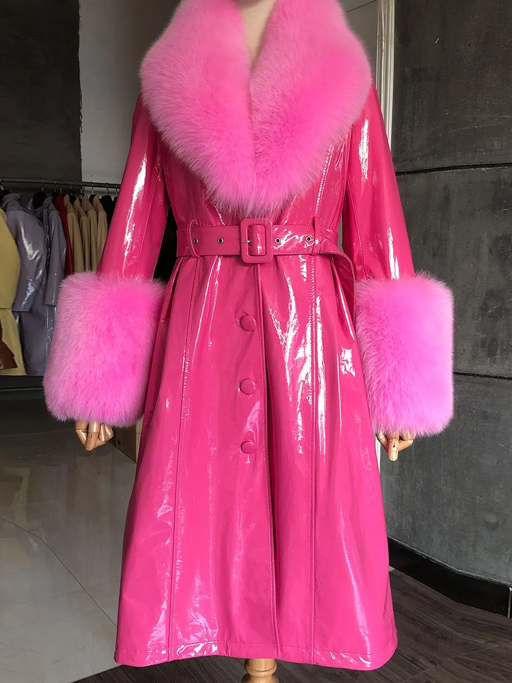 Faux Fur Patent Leather Coat in Fuchsia