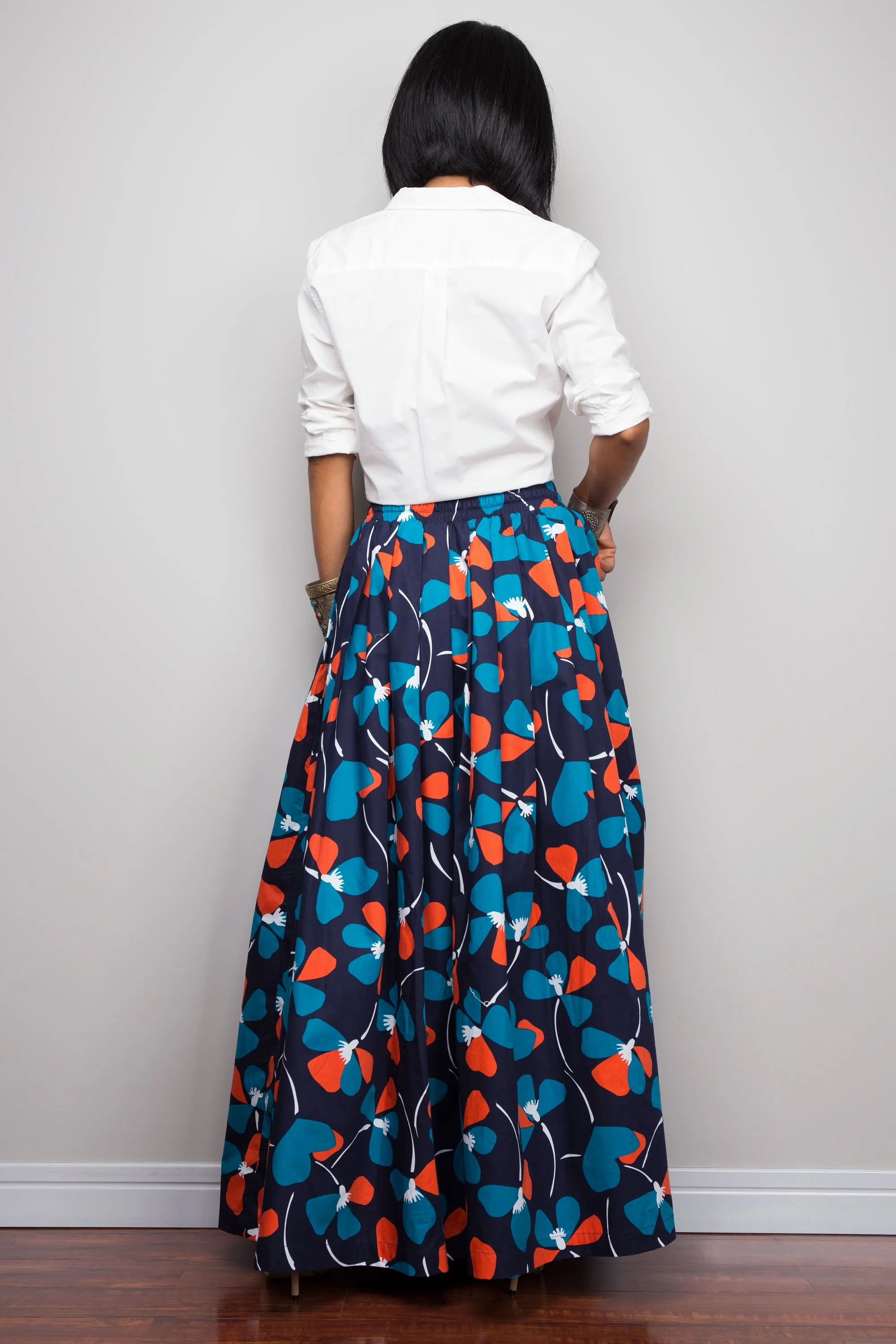 Floral skirt,  Pleated maxi skirt, blue cotton summer skirt