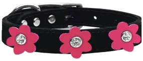 Flower Leather Collar Black With Pink Flowers Size 16